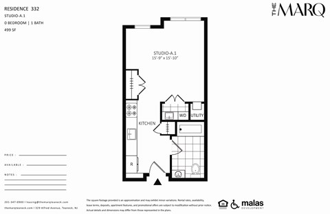 Floor plan for studio, 1 bath, 499 sqft